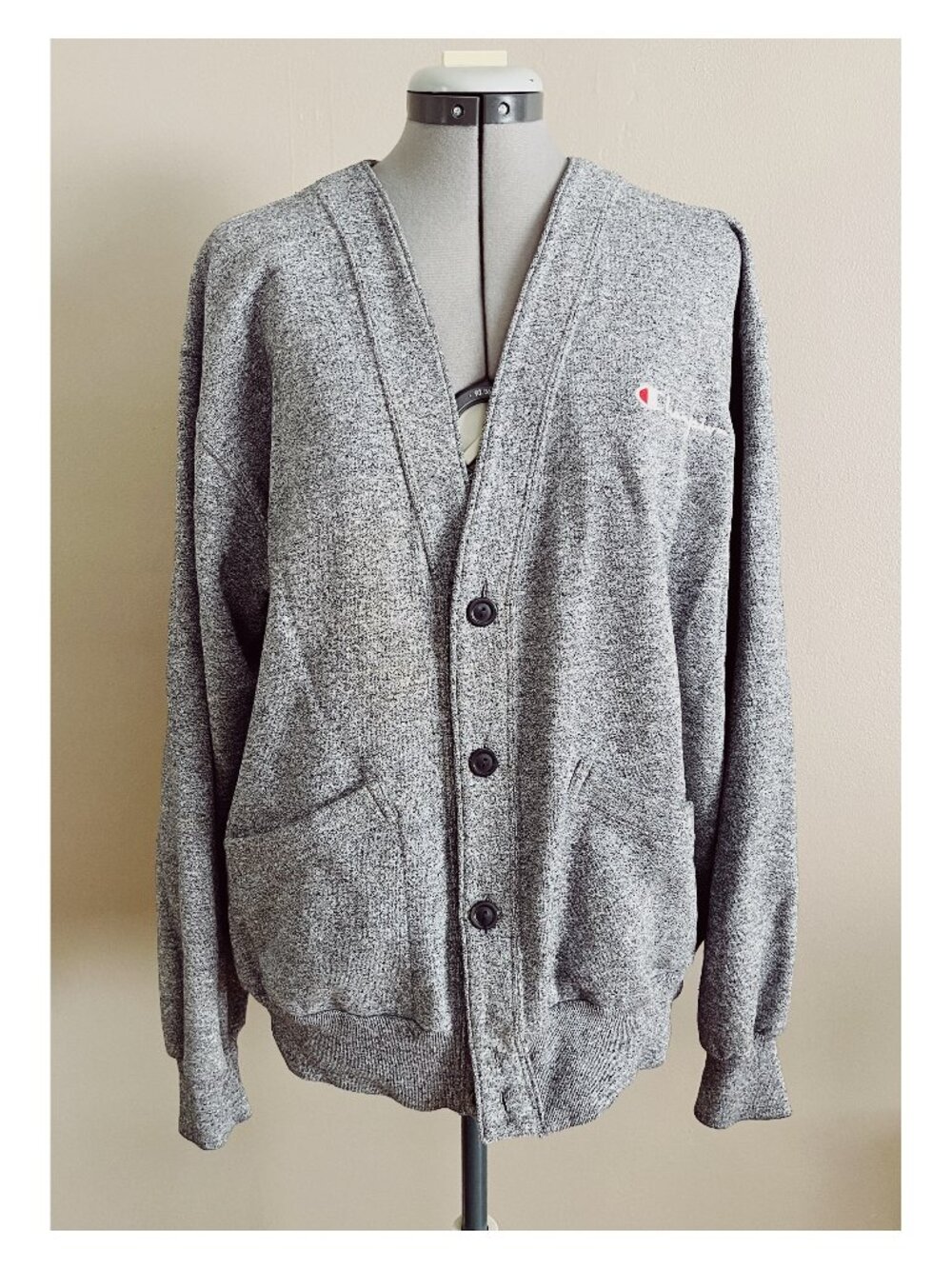 VTG Champion sz XL Fleece Button Down Grey Knit Cardigan 90s